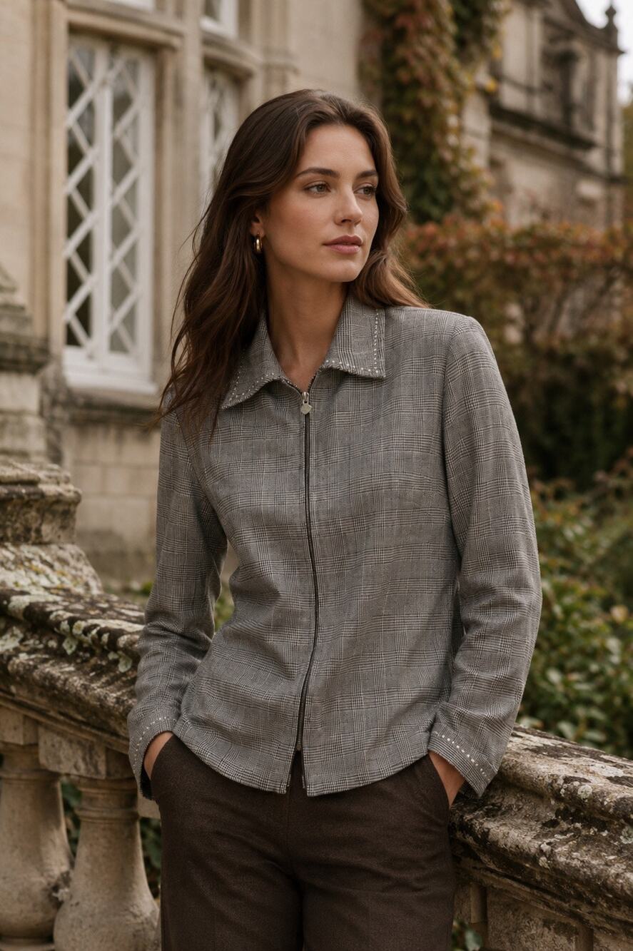 St. John Sport Plaid Zip Front Jacket Gray Embellished Collar Career Size Medium